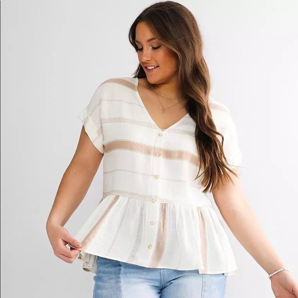 NWT Blu Pepper Striped Peplum Blouse -cream with sage stripes Sz LG